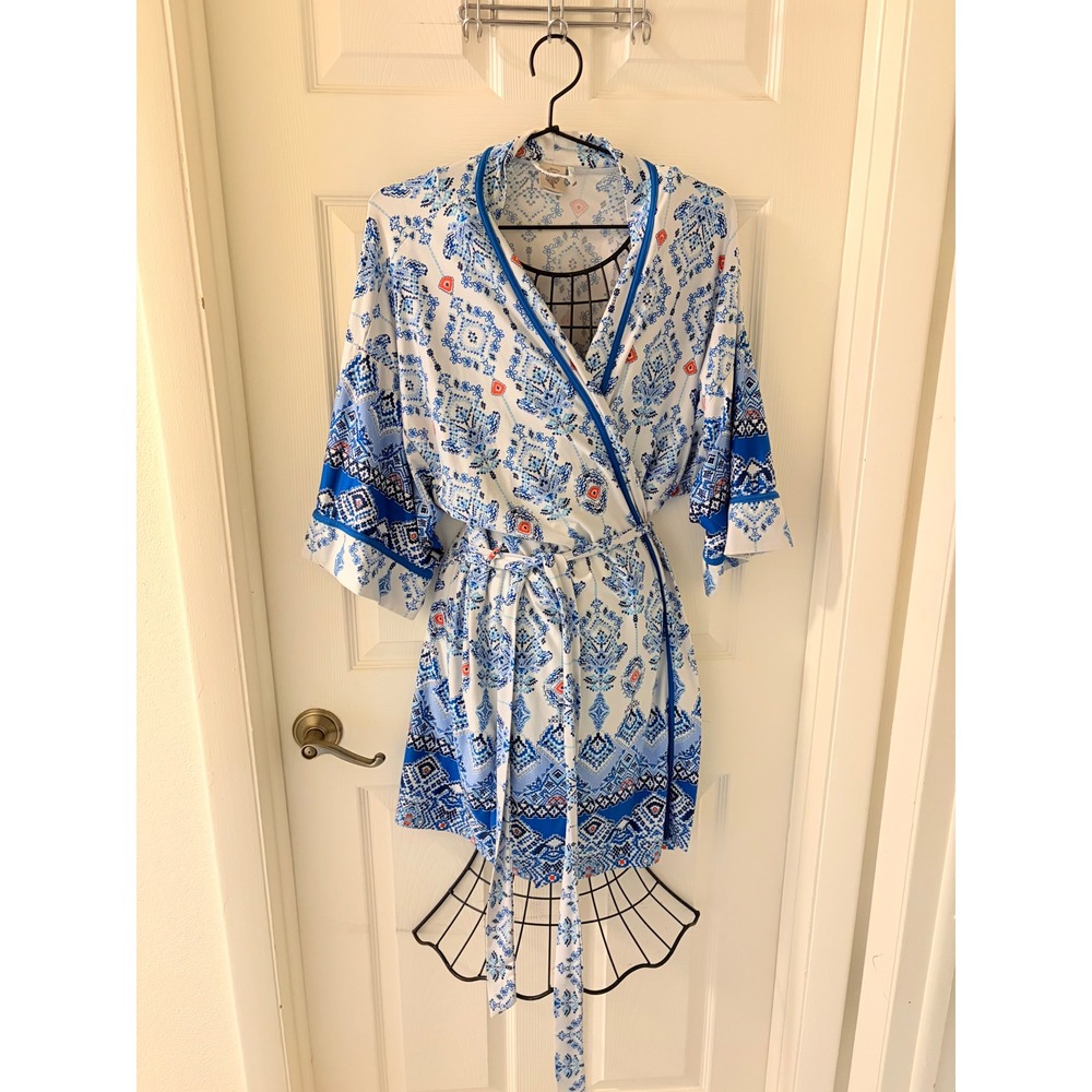 In Bloom Blue White Boho Robe Kimono Wrap Cover Up Tie Waist M/L EUC Cottagecore